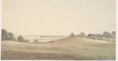 Landskap med vann i bakgrunnen og hus t.h. av Martinus Rørbye