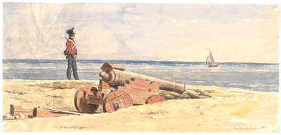 Sentinel og kanon på stranden ved Frederikshavn av Martinus Rørbye