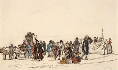 Studie for "Skipsbroen ved Horten i Christiania Fiorden" av Martinus Rørbye