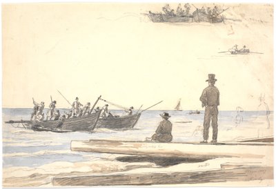 To fiskebåter seiler mot Skagens strand av Martinus Rørbye