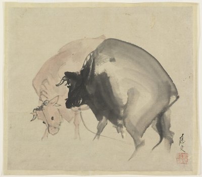 Two Bulls, ca. 1810 (blekk og farger på papir) av Maruyama Oju