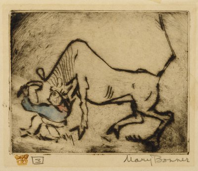 Bull-Dogging (håndfarget etsning) av Mary Bonner