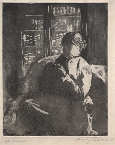 Strikking i biblioteket, ca. 1881. av Mary Cassatt