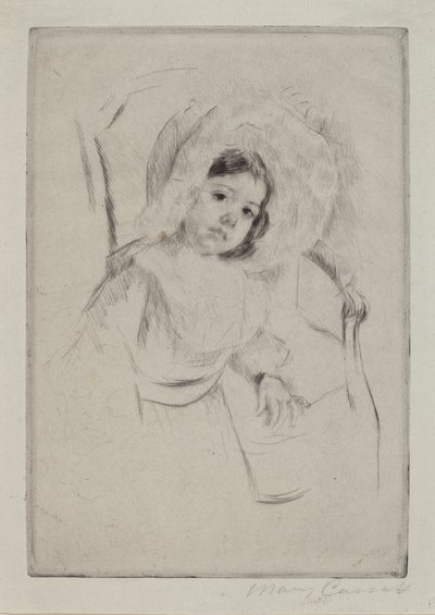 Margot i en floppy panser lener seg mot en stol av Mary Cassatt