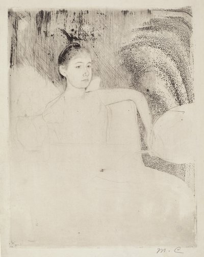 Mimi holder en japansk fan, ca. 1889. av Mary Cassatt