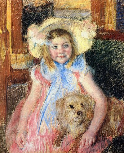 Sara i en stor blomstret hatt, ser rett ut, holder hunden sin, ca. 1901 (pastell på papir) av Mary Cassatt