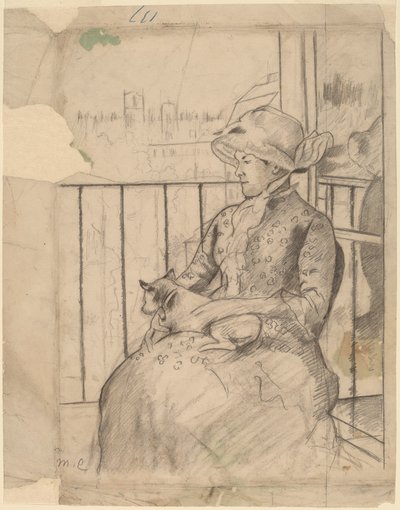 Susan på en balkong holder en hund [recto], ca. 1883. av Mary Cassatt