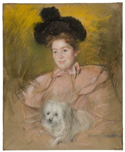 Kvinne i bringebærkostyme som holder en hund, ca. 1901. av Mary Cassatt