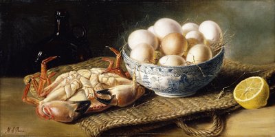 En krabbe og en skål med egg på en kurv, med en flaske og en halv sitron av Mary E. Powis