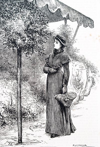 En kvinne som kjøper kristtorn for å bruke til julepynt. Av Mary Ellen Edwards (1838-1934), en engelsk kunstner av Mary Ellen Edwards
