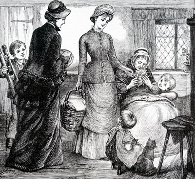 En kvinne som gir gaver til en fattig hyttemann. Av Mary Ellen Edwards (1838-1934), en engelsk kunstner av Mary Ellen Edwards