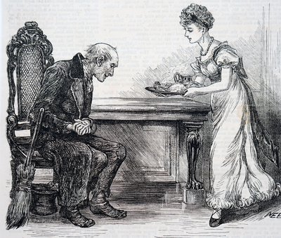 En kvinne som gir feieren en varm middag. Av Mary Ellen Edwards (1838-1934), en engelsk kunstner av Mary Ellen Edwards