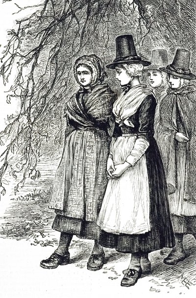 En gravering som viser walisiske jenter på en Hollantide-messe, en ansettelsesmesse, som venter på å bli engasjert som hushjelp. Illustrert av Mary Ellen Edwards (1838-1934), en engelsk kunstner og illustratør av barnebøker av Mary Ellen Edwards