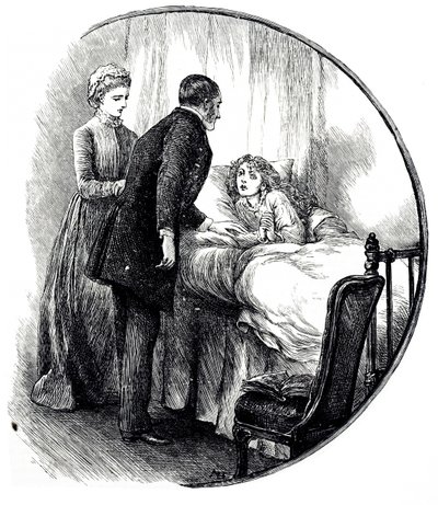 En gravering som viser en lege som besøker sin unge pasient hjemme. Illustrert av Mary Ellen Edwards (1838-1934), en engelsk kunstner og produktiv illustratør av barnebøker av Mary Ellen Edwards