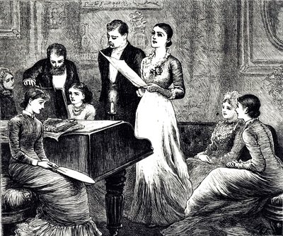 En gravering som viser en musikalsk kveld. Illustrert av Mary Ellen Edwards (1838-1934), en engelsk kunstner og illustratør av barnebøker av Mary Ellen Edwards