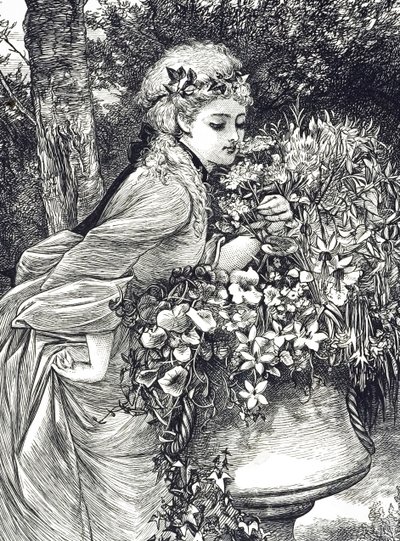 En gravering som viser en ung jente som lukter blomster plassert i en hageurne. Illustrert av Mary Ellen Edwards (1838-1934), en engelsk kunstner og illustratør av barnebøker av Mary Ellen Edwards