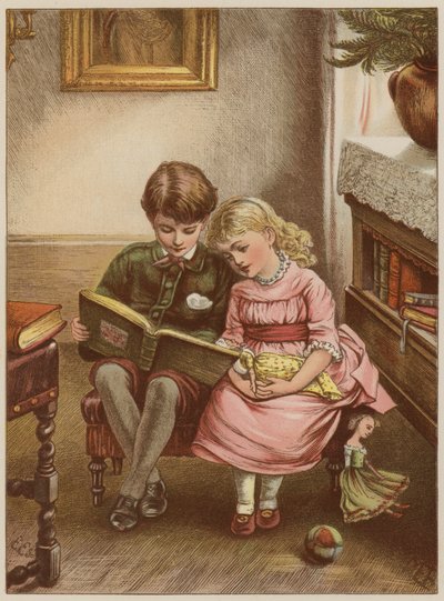 Gutt og jente leser bok (chromolitho) av Mary Ellen Edwards