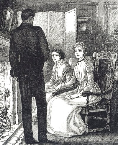 Gravering som viser to kvinner som holder varmen ved siden av peisen av Mary Ellen Edwards