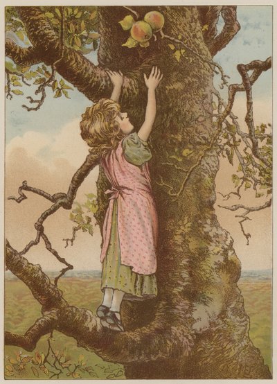 Jente som klatrer for siste epler (chromolitho) av Mary Ellen Edwards