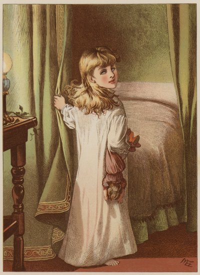 Jente trekker seg tilbake til sengs (chromolitho) av Mary Ellen Edwards