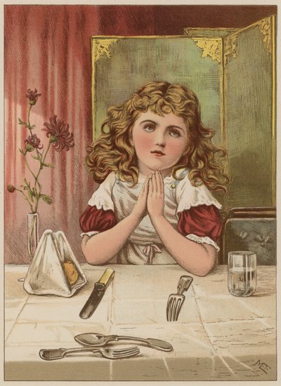 Jente som sier nåde før måltid (chromolitho) av Mary Ellen Edwards