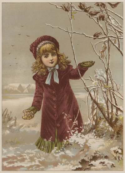Jente tar brød for å mate fugler i snøen (chromolitho) av Mary Ellen Edwards