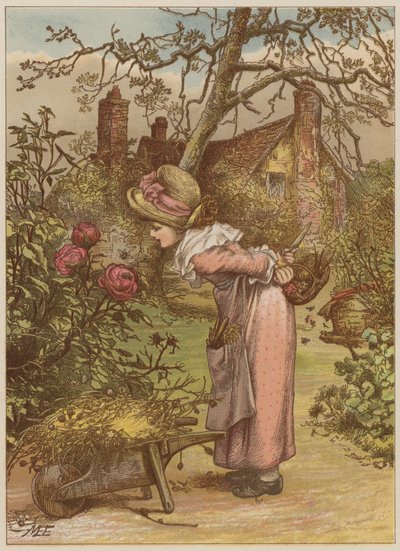 Jente som ser på bie i hagen (chromolitho) av Mary Ellen Edwards