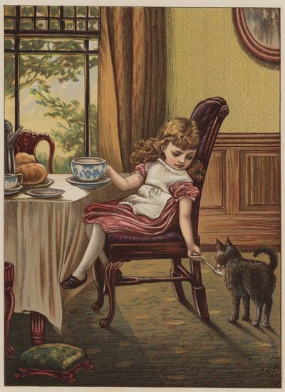 Jente med svart katt (chromolitho) av Mary Ellen Edwards