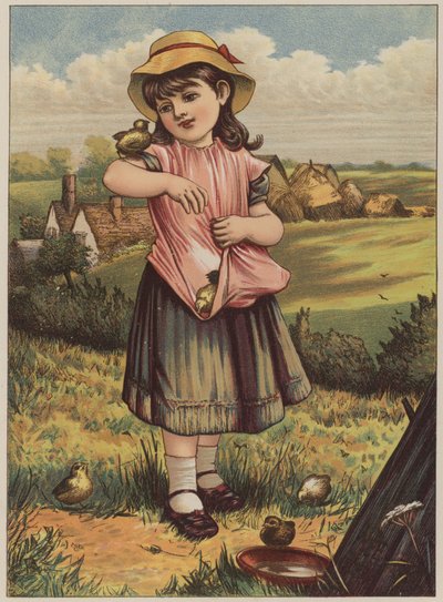 Jente med kyllinger (chromolitho) av Mary Ellen Edwards