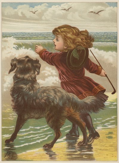 Jente med hund på stranden (chromolitho) av Mary Ellen Edwards