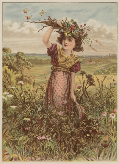 Jente med blomster og sommerfugler (chromolitho) av Mary Ellen Edwards