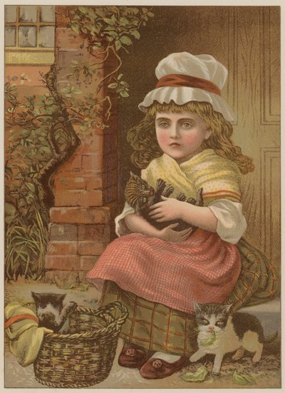 Jente med kattunger (chromolitho) av Mary Ellen Edwards