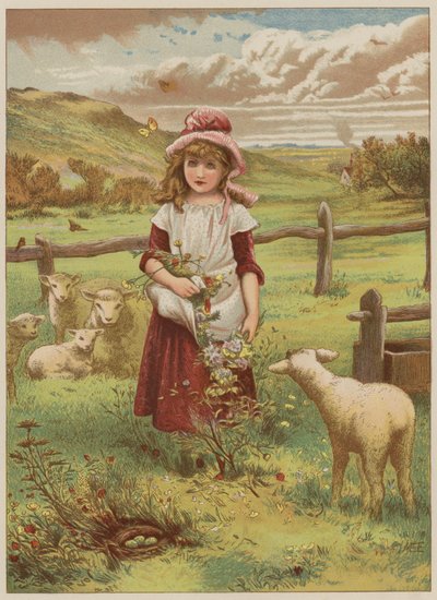 Jente med vårlam (chromolitho) av Mary Ellen Edwards