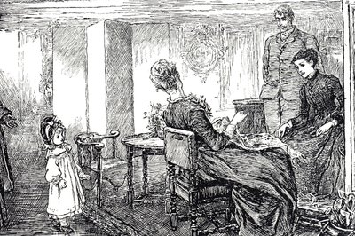 Illustrasjon av en liten jente som blir passet på av tantene og onkelen en ettermiddag av Mary Ellen Edwards