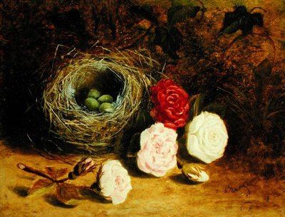 Stilleben av fuglerede og roser (olje på lerret) av Mary Ensor