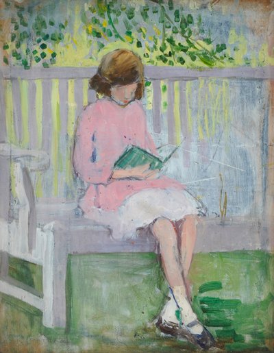 Jente som leser (olje på tre) av Mary Ethel Hunter