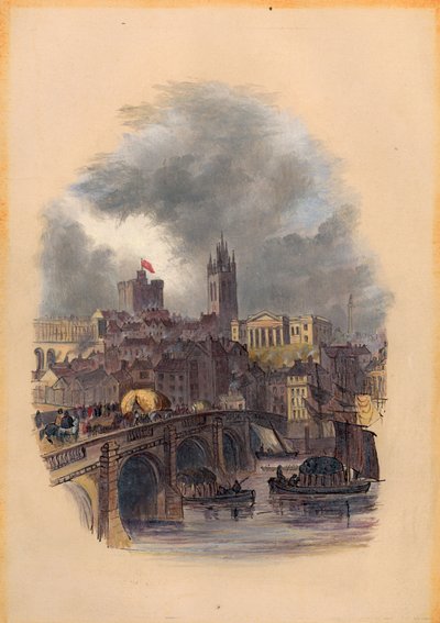 The Old Tyne Bridge, Moot Hall, St Nicholas Cathedral and Castle (blekk og wc på papir) av Mary Jane Hancock