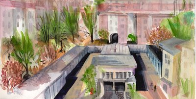 Berlin gårdsplass, 2004 (penn og akvarell) av Mary Kuper