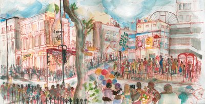 Carnival, Ladbroke Grove, 2017 (penn og akvarell) av Mary Kuper