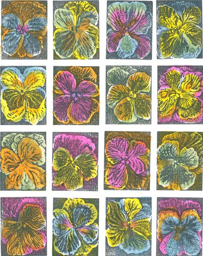 Elektriske stemorsblomster, 2016 (vinylgravering, pochoir) av Mary Kuper