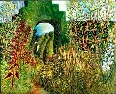 Great Dixter: Topiary and flowers, 2003 (olje om bord) av Mary Kuper