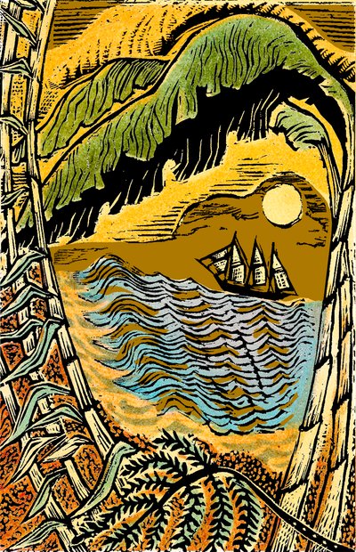 High Wind in Jamaica, 2006 (vinylgravering, stensilert farge) av Mary Kuper