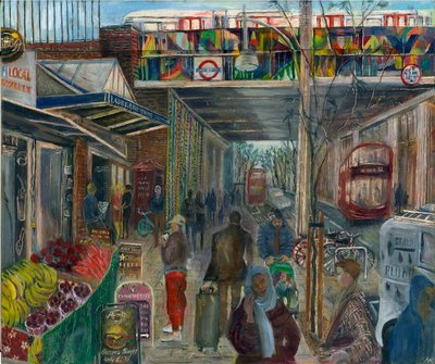Ladbroke Grove like før lockdown: 4, stasjonen, 2020 (olje om bord) av Mary Kuper