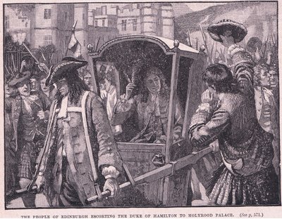 Befolkningen i Edinburgh eskorterte hertugen av Hamilton til Holyrood Palace AD 1706 av Mary L. Gow