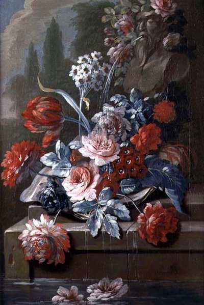 Stilleben av blomster ved en fontene (olje på lerret) (par 121413) av Mary Moser