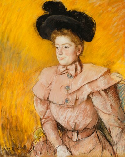 Kvinne i en svart hatt og et bringebærrosa kostyme, ca. 1899 av Mary Cassatt