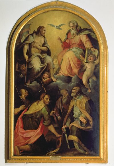 Den hellige treenighet med hellige av Maso da San Friano