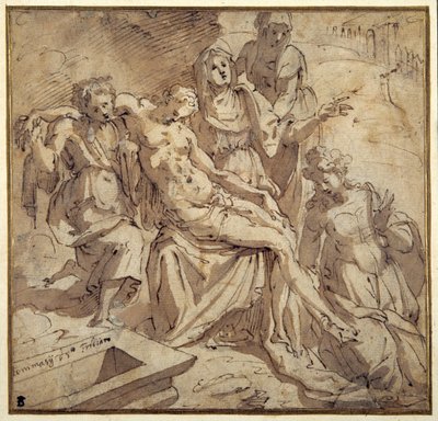 Pietaen (penn og brunt blekk med brun vask på hvitt papir) av Maso da San Friano