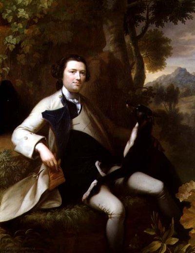 Francis Popham (d.1780) sittende i et skogslandskap med sin Greyhound (olje på lerret) av Mason Chamberlain