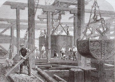 Utsikt over byggearbeid som finner sted ved Blackfriars Bridge for London, Chatham og Dover Railway som viser synkingen av en sylinder for en av de sirkulære steinbryggene av Mason Jackson